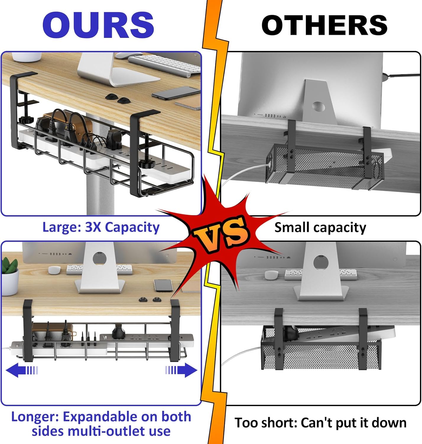 Under Desk Cable Management Tray, 15.7'' No Drill Steel Cable Tray Organizers, Wire Management Tray Cable Rack with Clamp Mount, Metal Under Desk Tray with Wire and Cord Organizer - Image 2