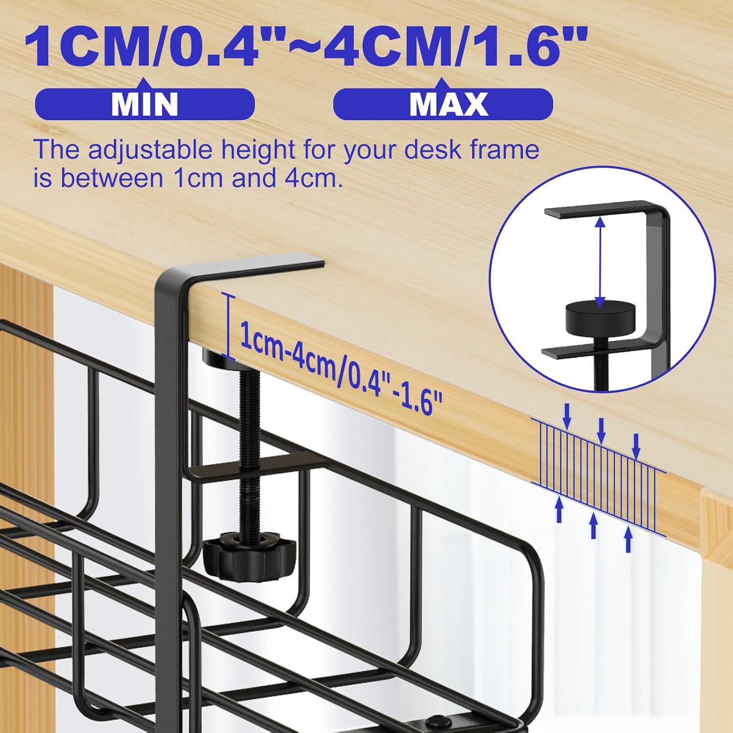 Under Desk Cable Management Tray, 15.7'' No Drill Steel Cable Tray Organizers, Wire Management Tray Cable Rack with Clamp Mount, Metal Under Desk Tray with Wire and Cord Organizer - Image 4