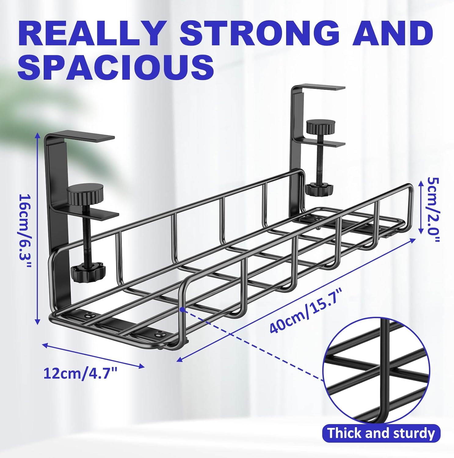 Under Desk Cable Management Tray, 15.7'' No Drill Steel Cable Tray Organizers, Wire Management Tray Cable Rack with Clamp Mount, Metal Under Desk Tray with Wire and Cord Organizer - Image 5