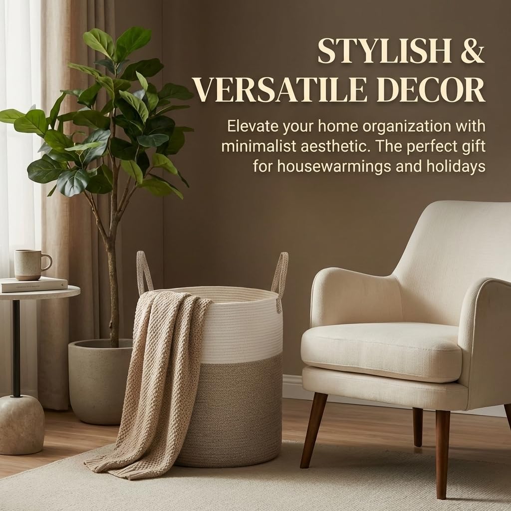 Large Woven Laundry Basket Hamper,60L Cotton Rope Storage Bin for Blankets,Toys and Clothes,Decorative Tall Nursery Hamper for Living Room,Baby Nursery,Bathroom and Bedroom,Brown - Image 6