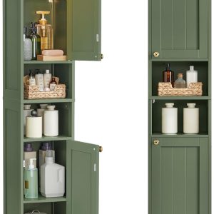 VASAGLE Tall Storage Cabinet with Lights, Slim Freestanding Cabinet with Adjustable Shelves, for Small Spaces, Bathroom, Living Room, Modern, 11.8 Inches Wide, Forest Green UBBC566C01