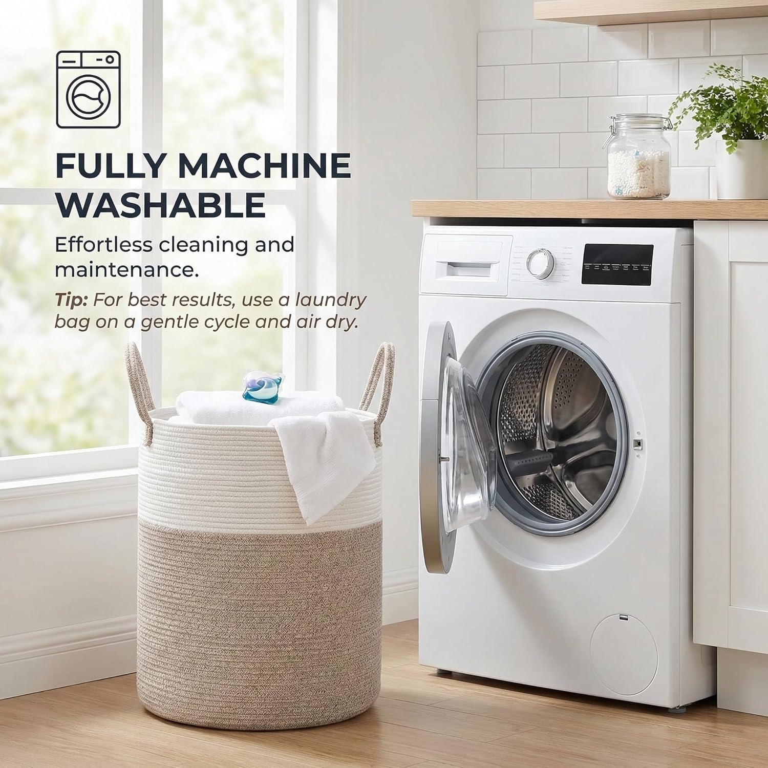 Large Woven Laundry Basket Hamper,60L Cotton Rope Storage Bin for Blankets,Toys and Clothes,Decorative Tall Nursery Hamper for Living Room,Baby Nursery,Bathroom and Bedroom,Brown - Image 3