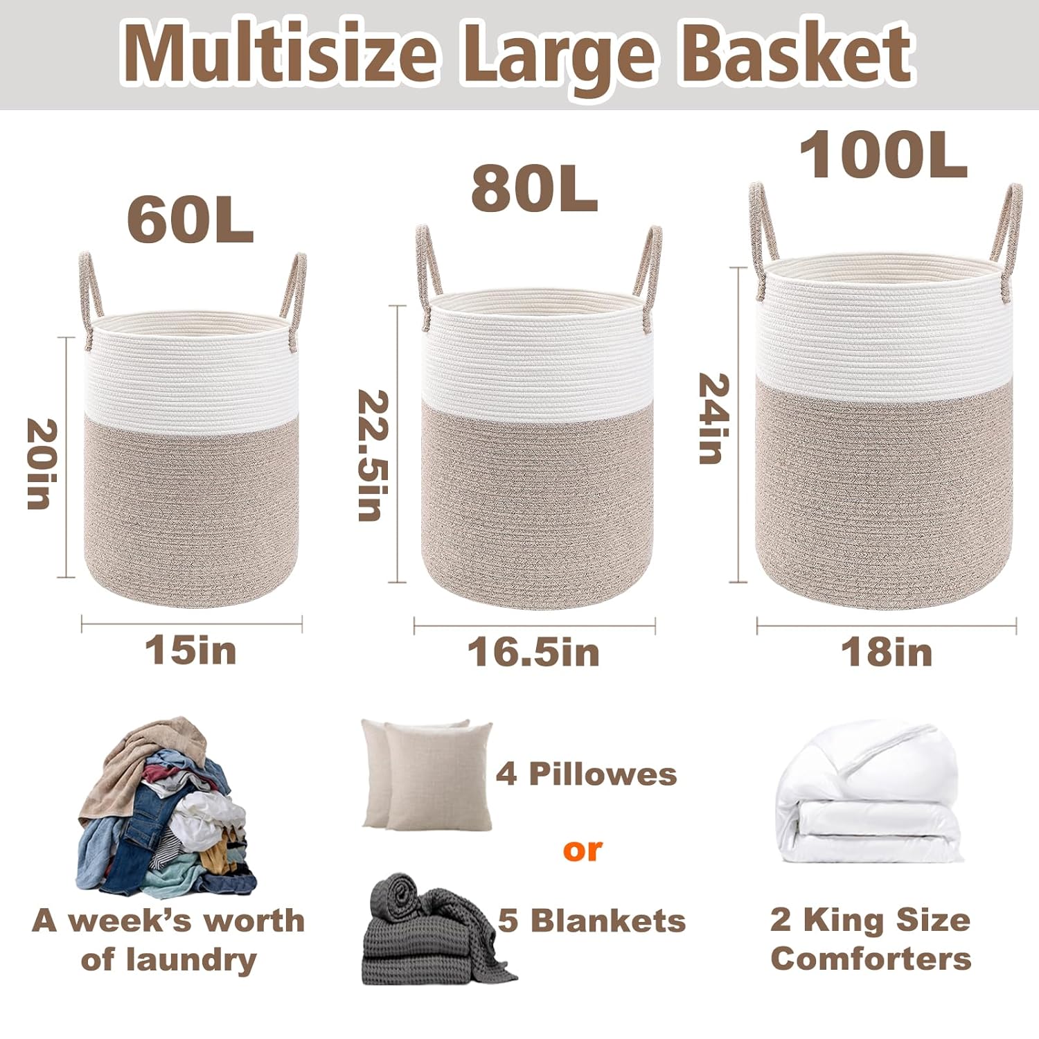 Large Woven Laundry Basket Hamper,60L Cotton Rope Storage Bin for Blankets,Toys and Clothes,Decorative Tall Nursery Hamper for Living Room,Baby Nursery,Bathroom and Bedroom,Brown - Image 5